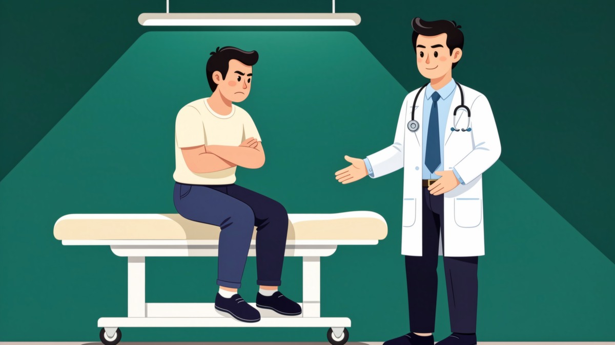 Pasien duduk menolak diperiksa dengan tangan bersedekap dan wajah menoleh menjauh, sementara dokter menawarkan pemeriksaan.